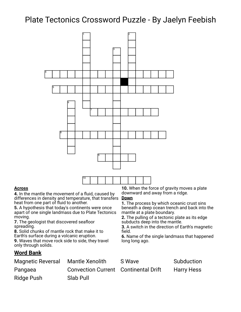 Plate Tectonics Crossword Puzzle - By Jaelyn Feebish