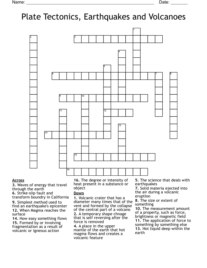 Plate Tectonics, Earthquakes and Volcanoes Crossword