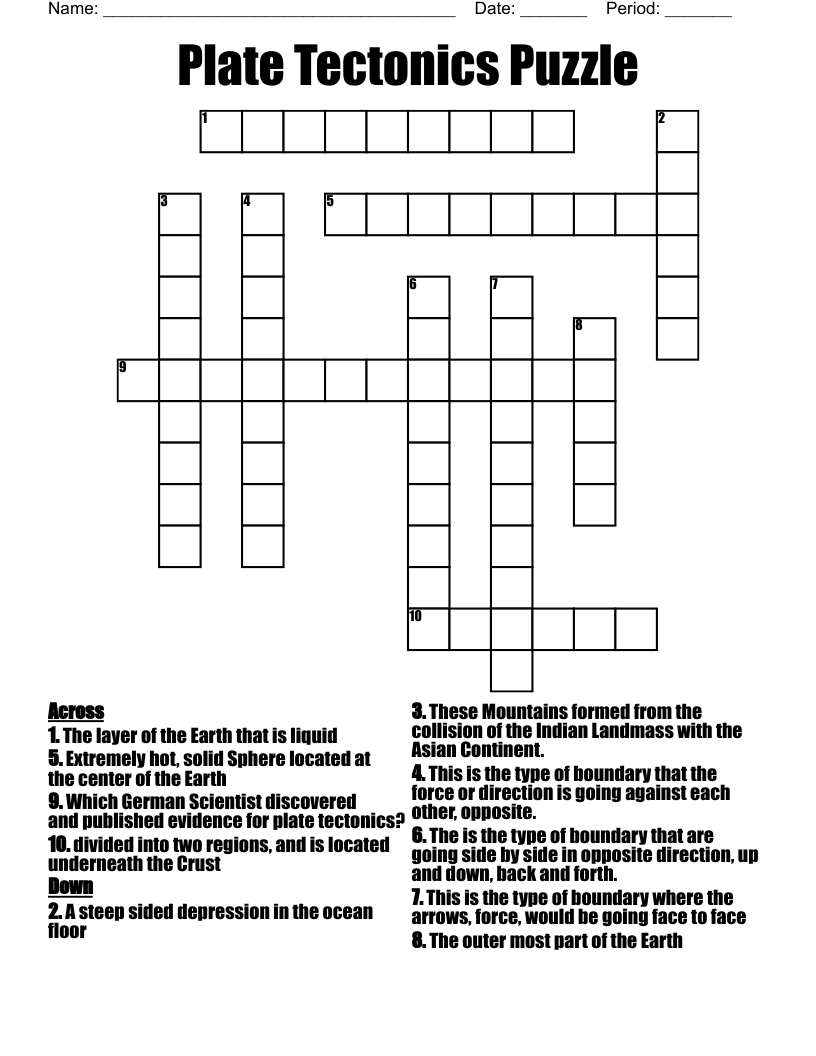 Plate Tectonics Puzzle Crossword