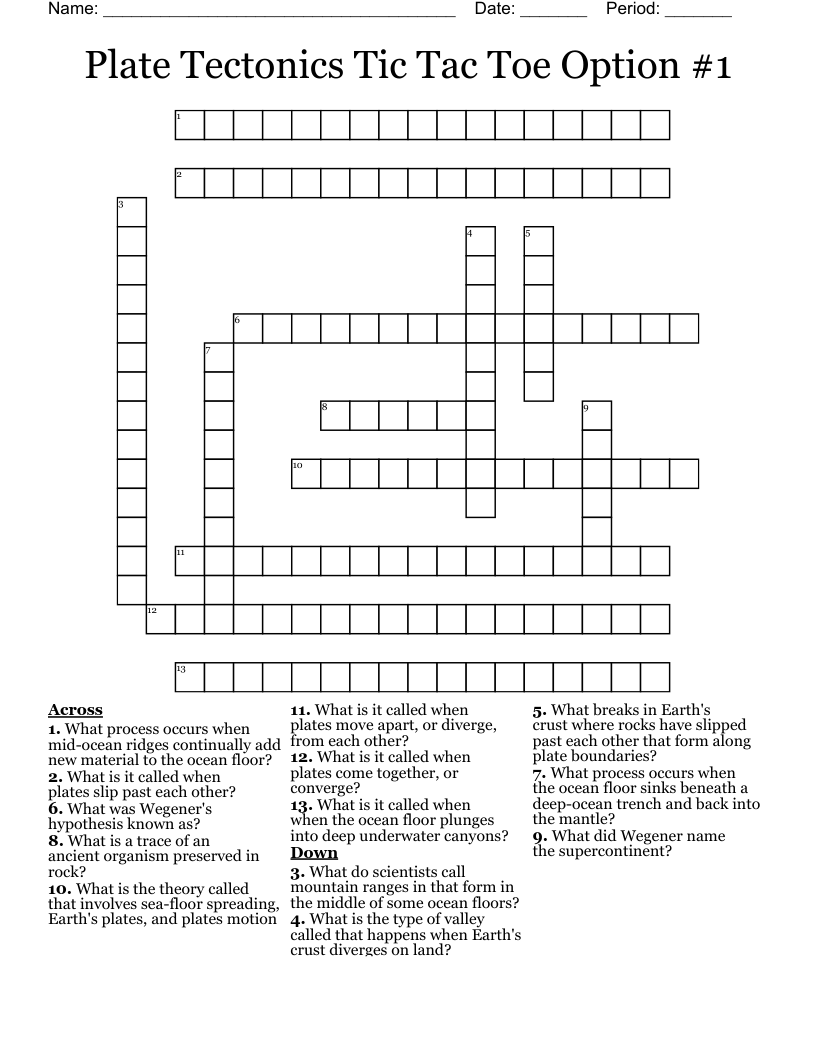 Plate Tectonics Tic Tac Toe Option #1 Crossword
