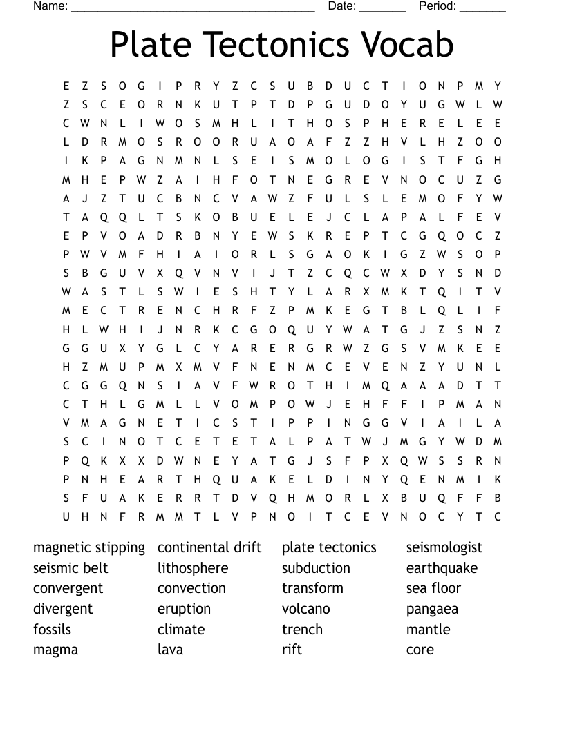Plate Tectonics Vocab Word Search