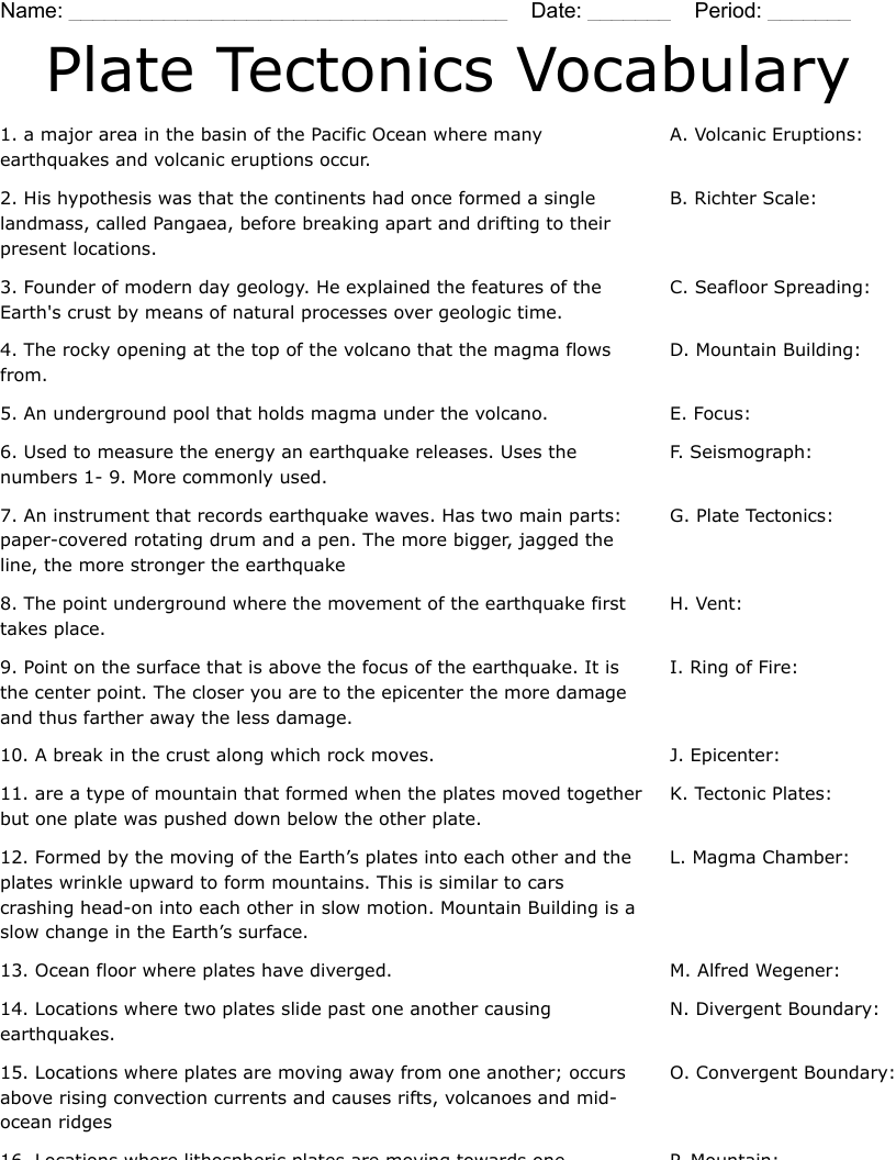 Plate Tectonics Vocabulary Worksheet
