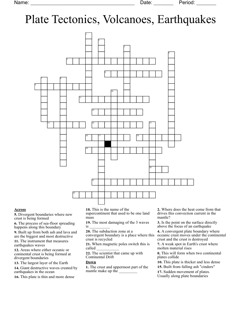 Plate Tectonics, Volcanoes, Earthquakes Crossword