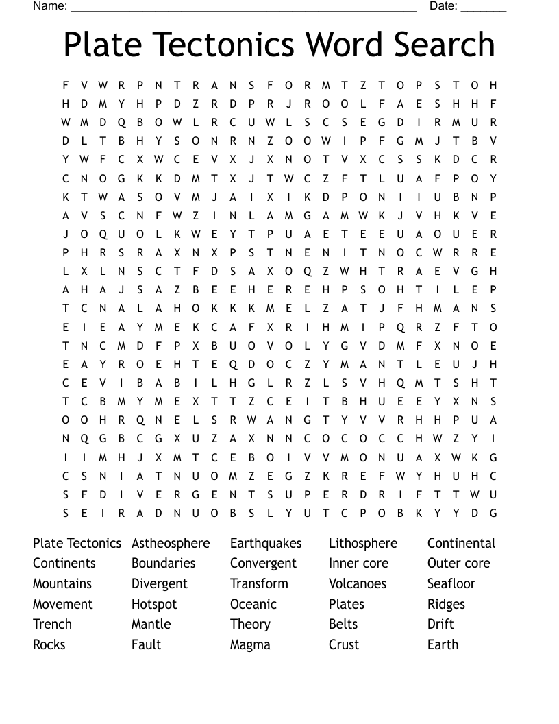 Plate Tectonics Word Search 
