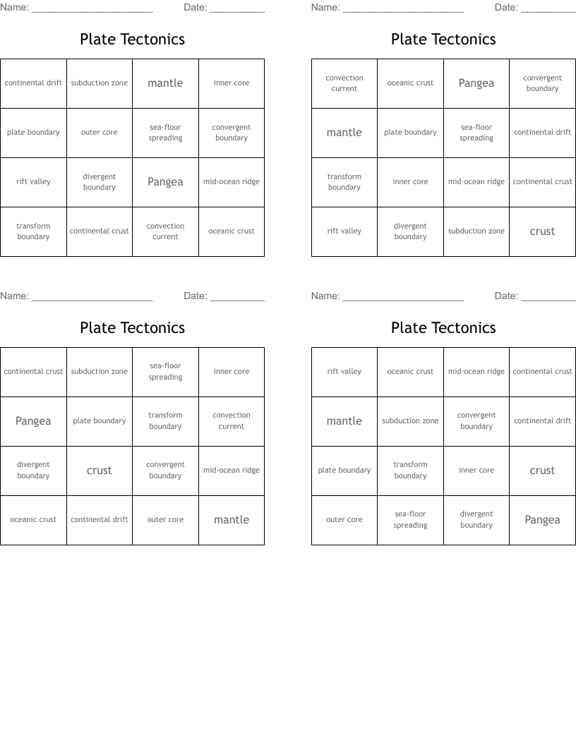 Plate Tectonics  Bingo Cards