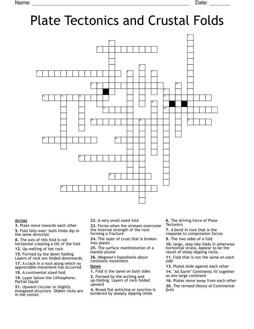 Plate Tectonics and Crustal Folds   Crossword