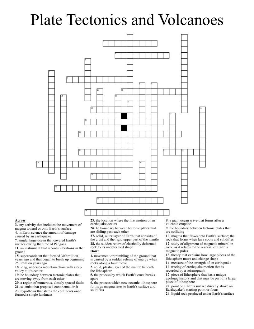 Plate Tectonics and Volcanoes Crossword