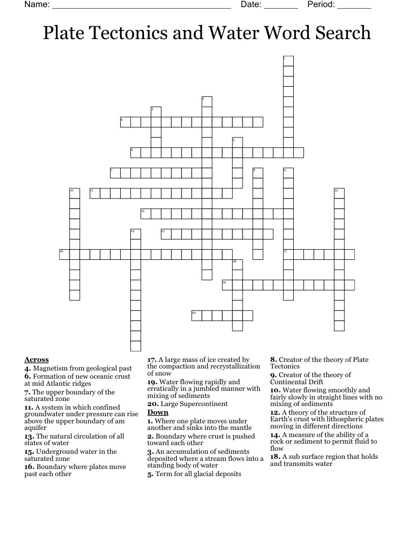 Plate Tectonics and Water Word Search Crossword