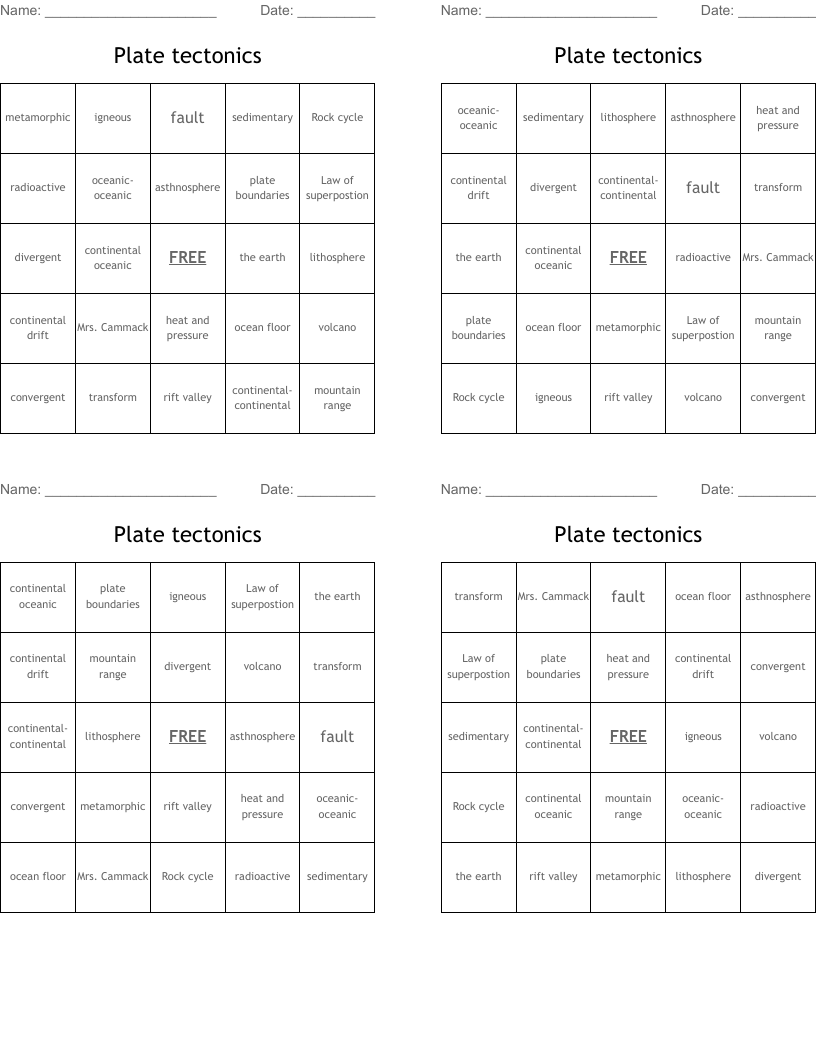 Plate tectonics Bingo Cards