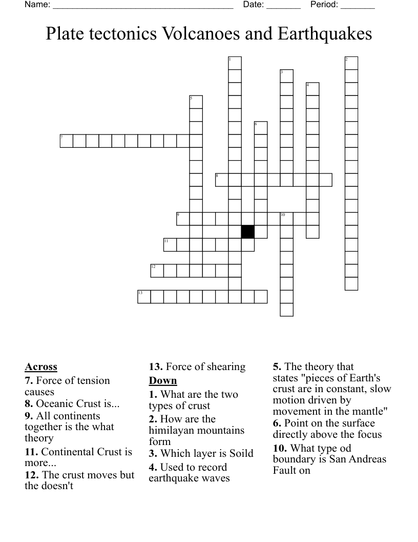 Plate tectonics Volcanoes and Earthquakes  Crossword