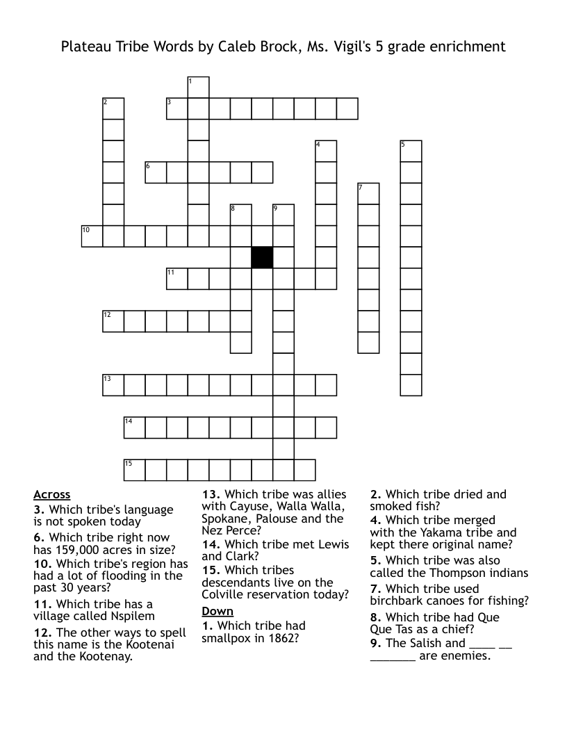 Plateau Tribe Words  by Caleb Brock, Ms. Vigil's 5 grade enrichment Crossword