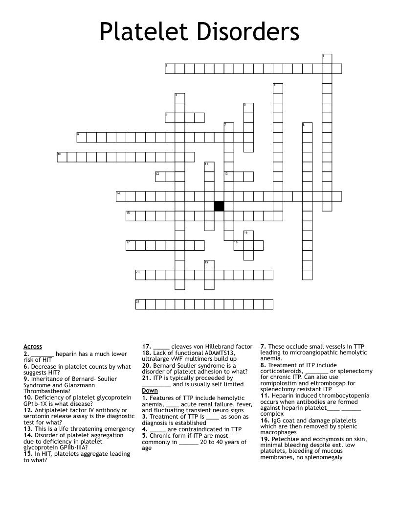 Platelet Disorders Crossword