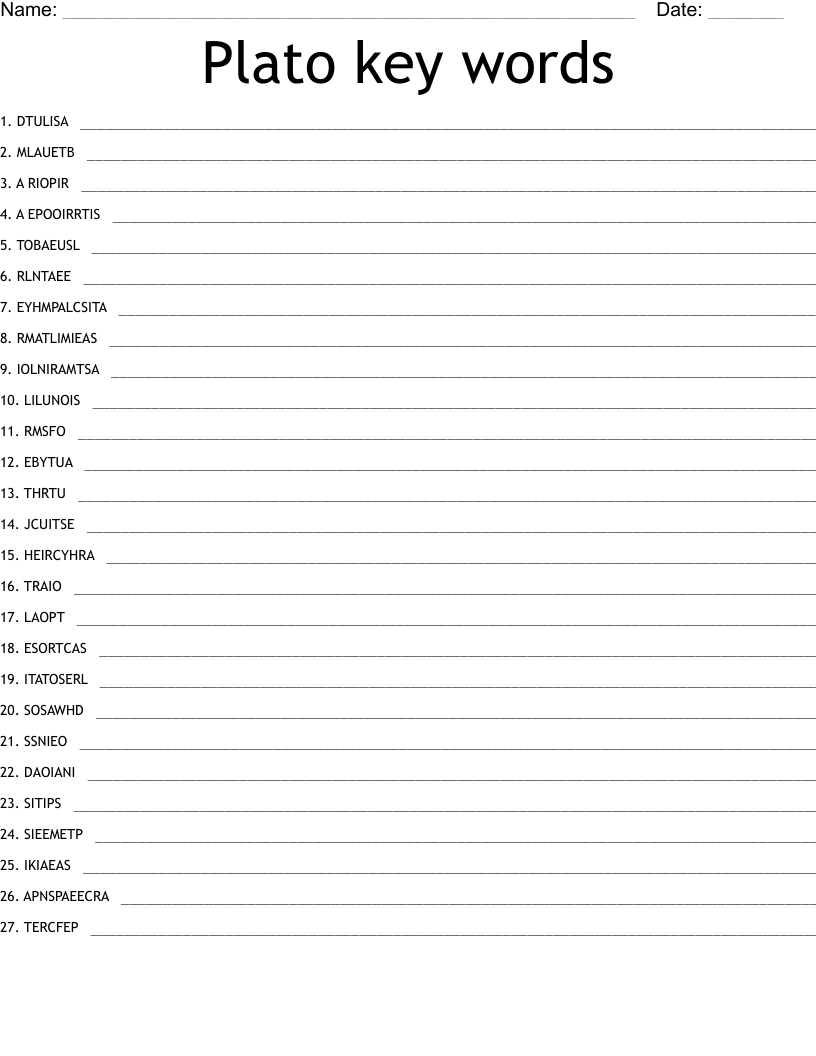 Plato key words Word Scramble