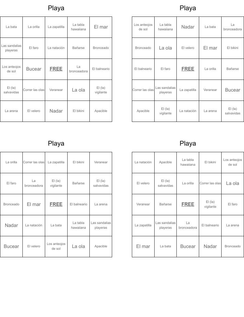 Playa Bingo Cards