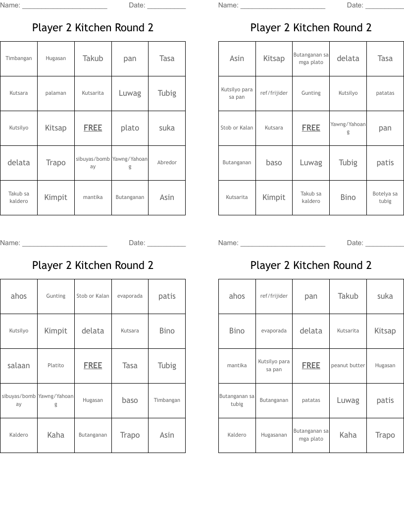 Player 2 Kitchen Round 2 Bingo Cards
