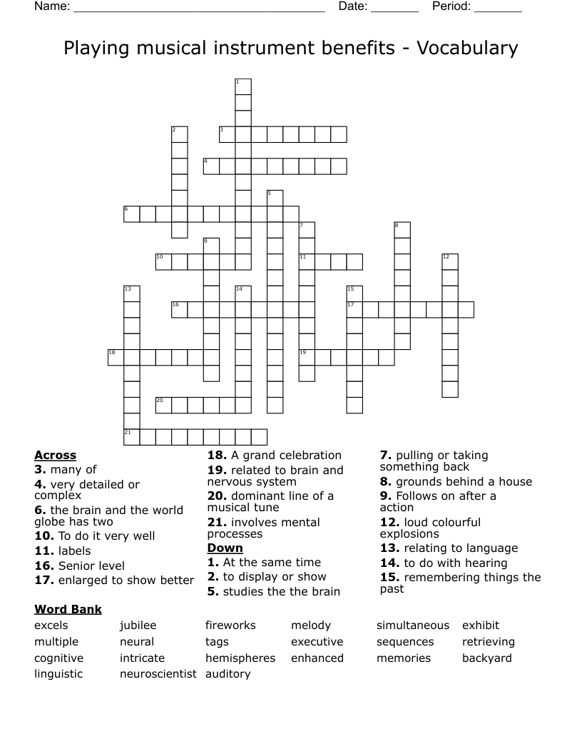 Playing musical instrument benefits - Vocabulary  Crossword