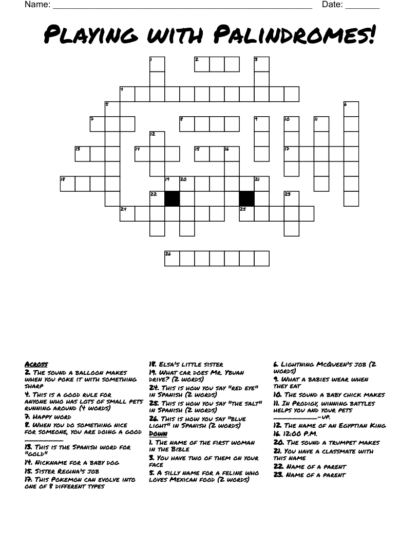 Playing with Palindromes! Crossword