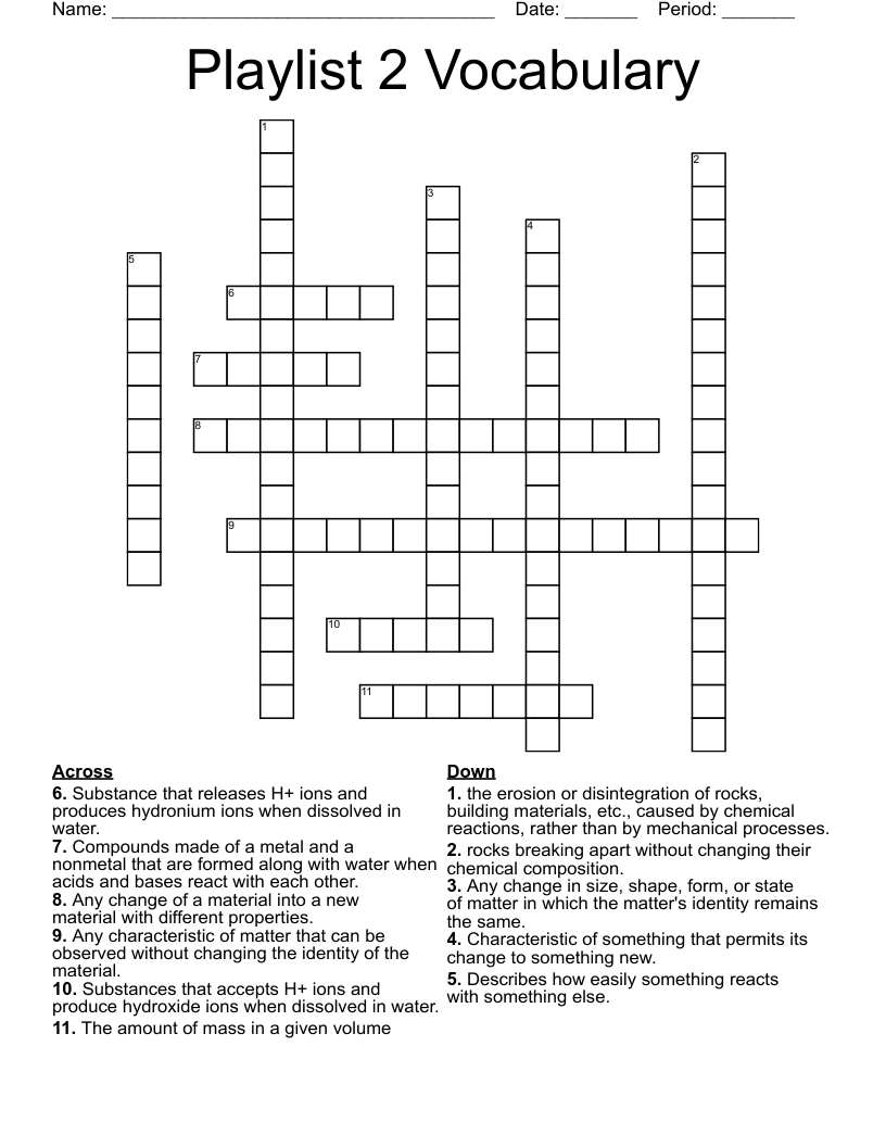 Playlist 2 Vocabulary Crossword