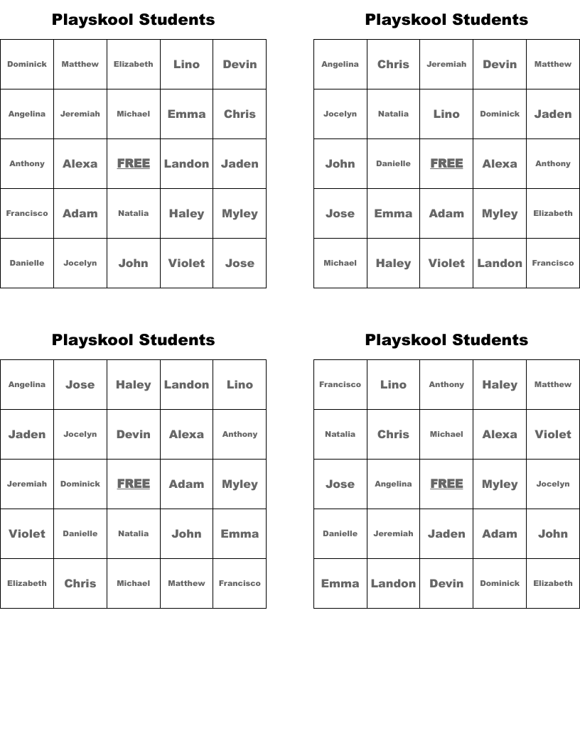 Playskool Students  Bingo Cards