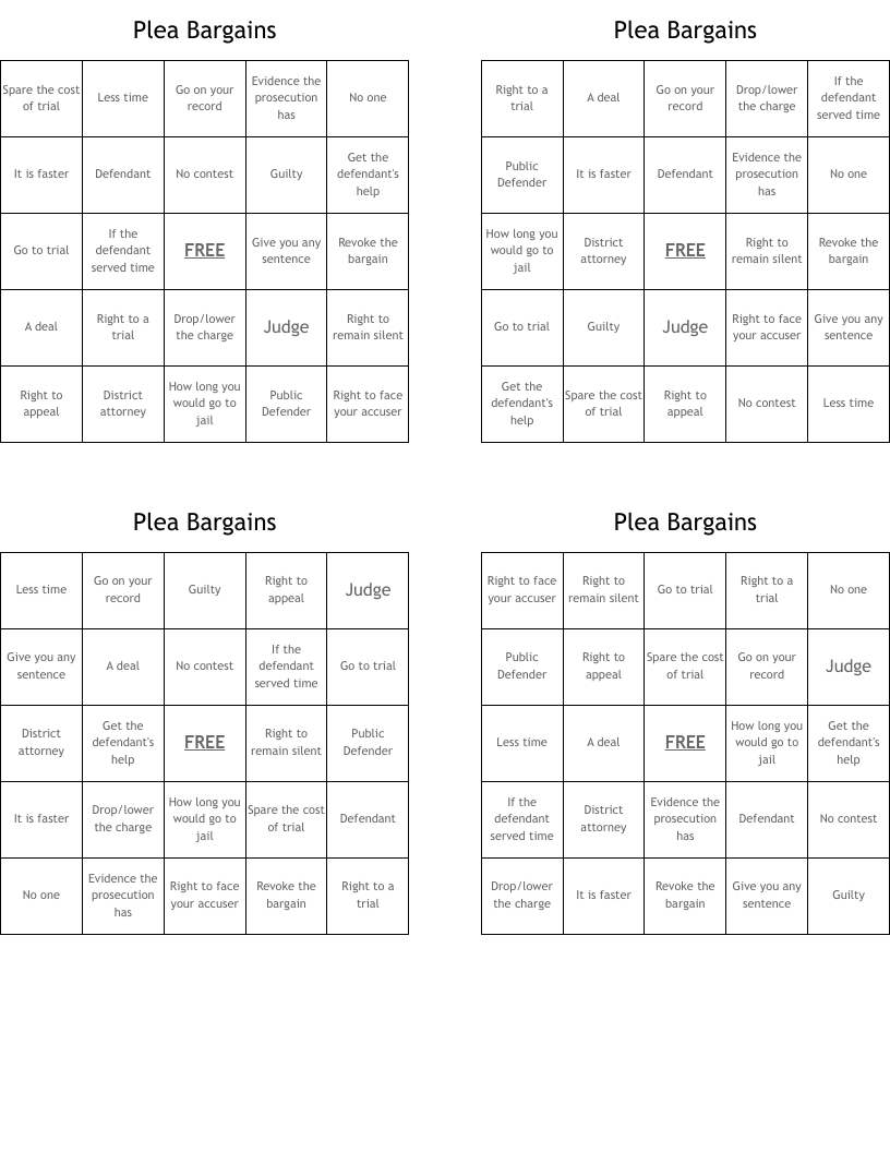 Plea Bargains  Bingo Cards
