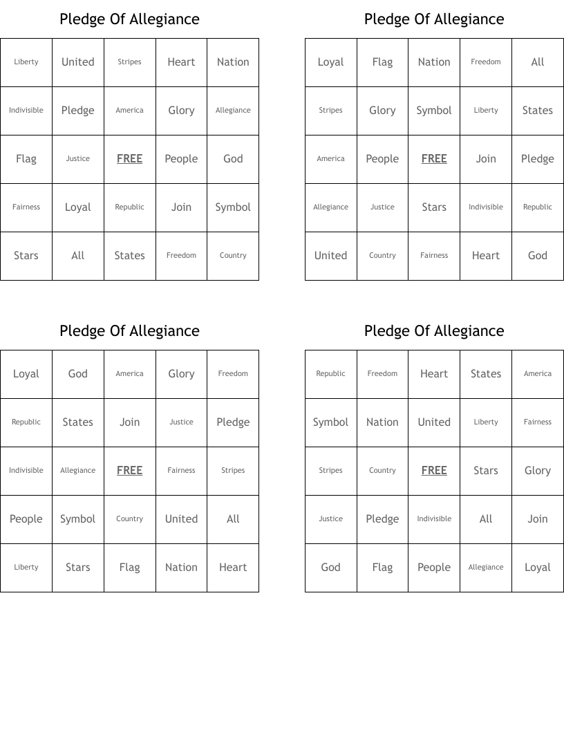 Pledge Of Allegiance Bingo Cards