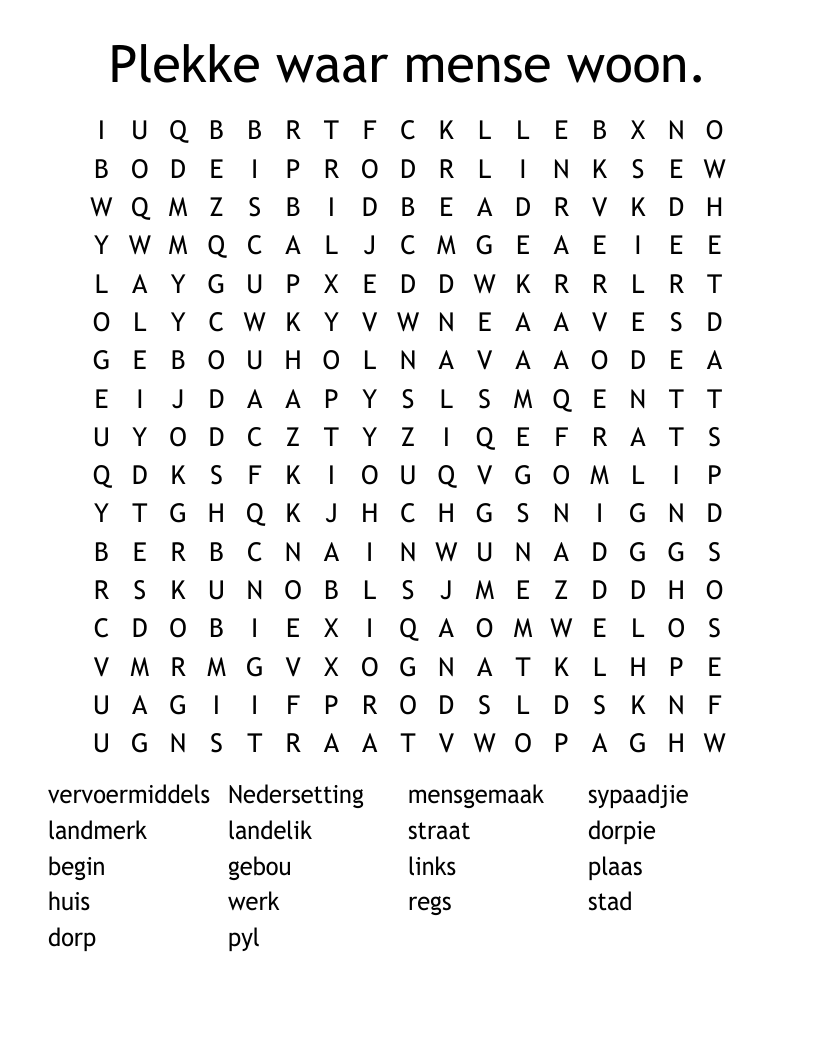 Plekke waar mense woon. Word Search