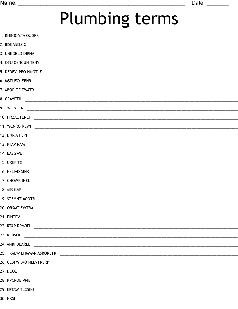 Plumbing terms Word Scramble