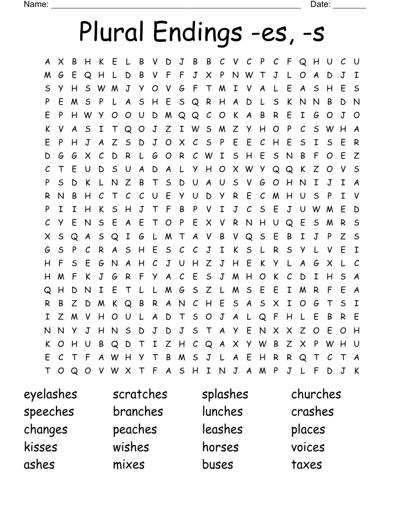 Plural Endings -es, -s Word Search