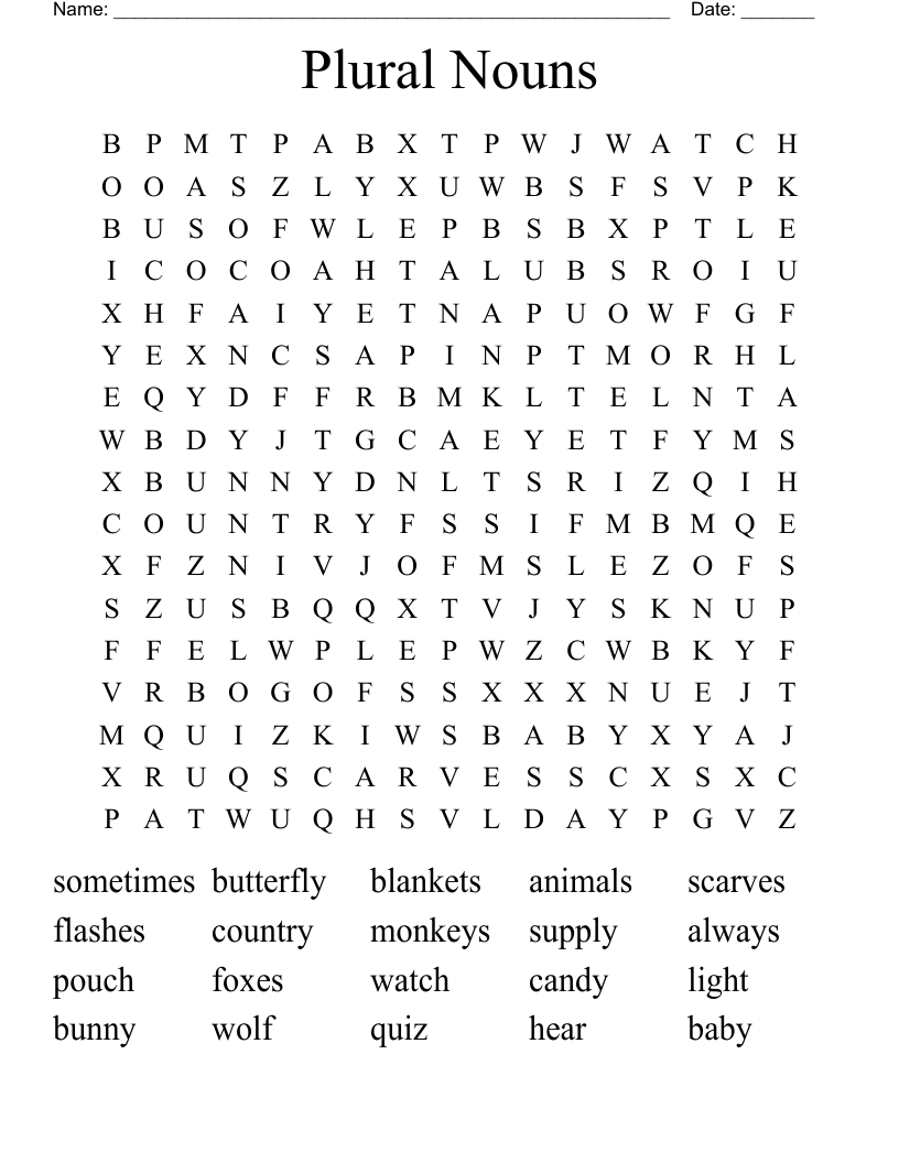 Plural Nouns Word Search