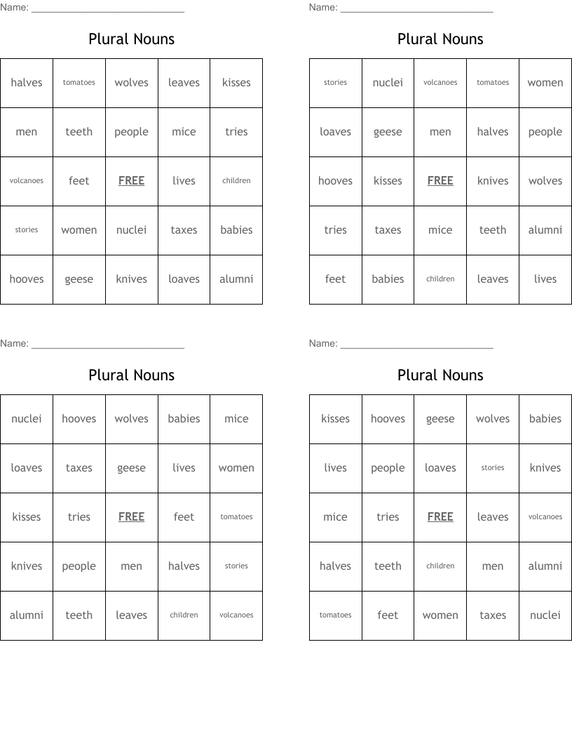 Plural Nouns Bingo Cards
