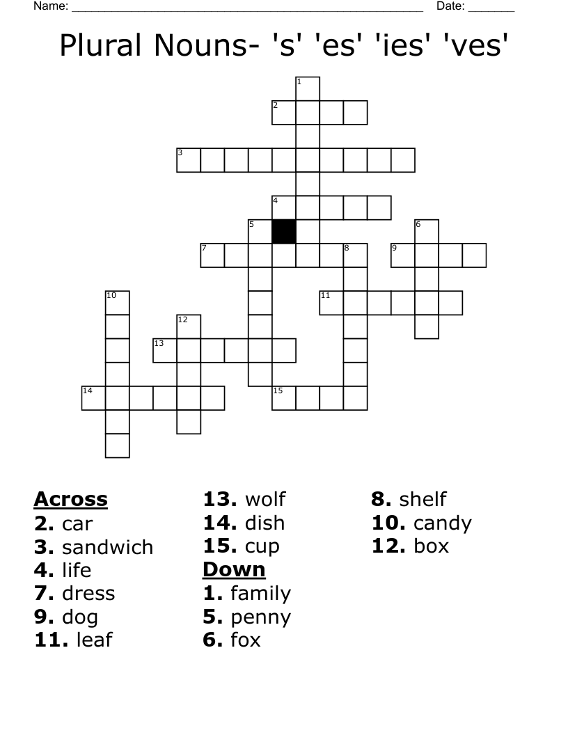 Plural Nouns- 's' 'es' 'ies' 'ves' Crossword