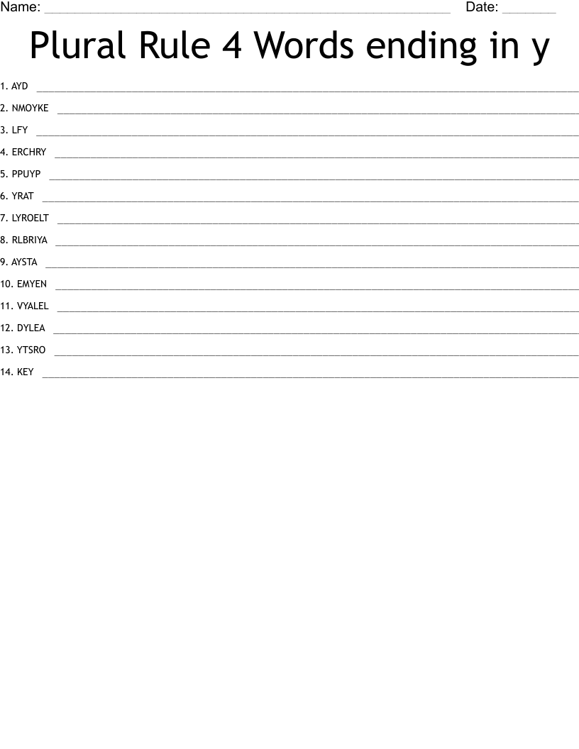 Plural Rule 4 Words ending in y Word Scramble