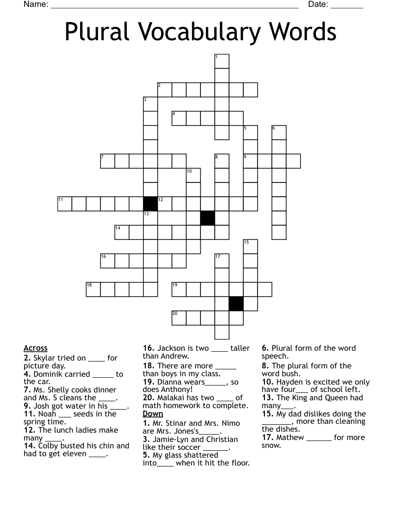 Plural Vocabulary Words Crossword