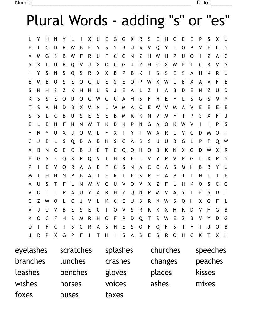 Plural Words - adding "s" or "es" Word Search