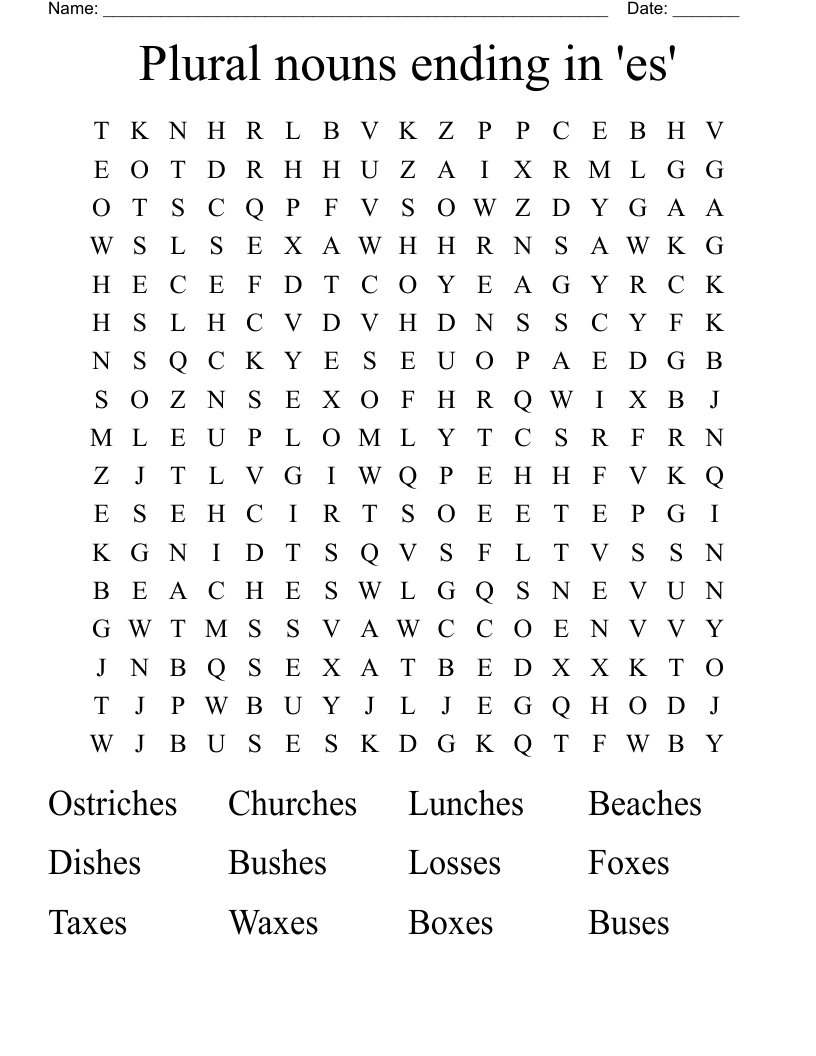 Plural nouns ending in 'es' Word Search