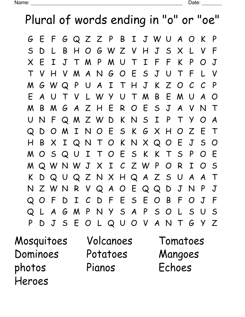 Plural of words ending in "o" or "oe" Word Search