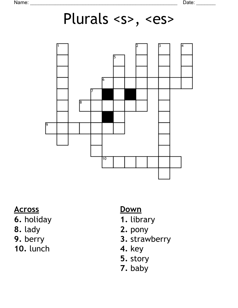 Plurals <s>, <es> Crossword