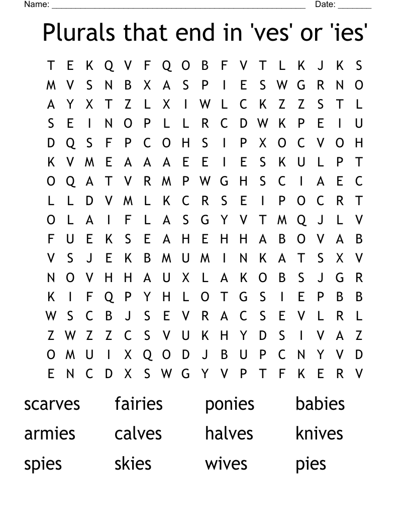 Plurals that end in 'ves' or 'ies' Word Search