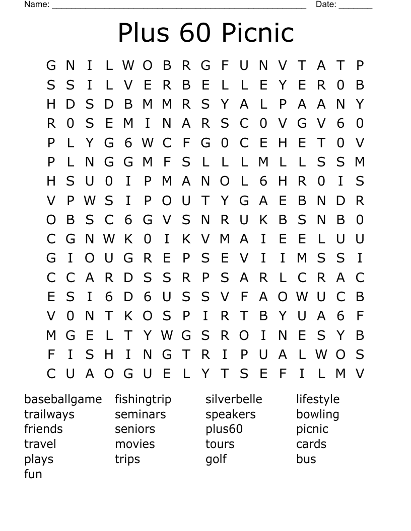 Plus 60 Picnic Word Search