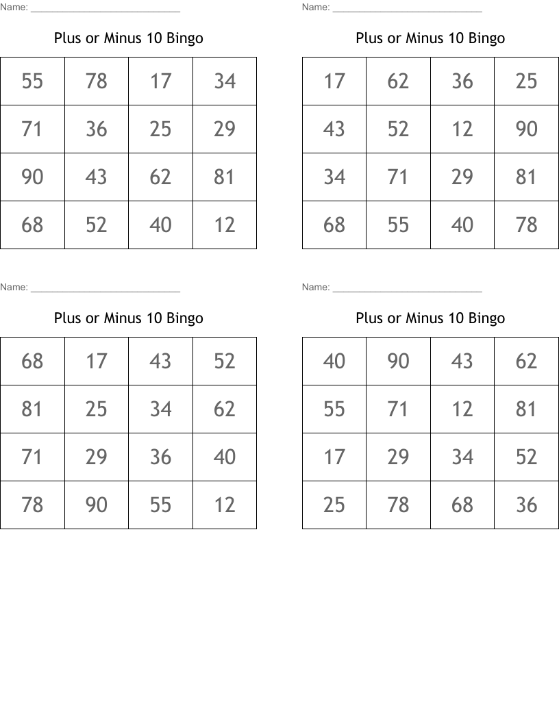 Plus or Minus 10 Bingo 