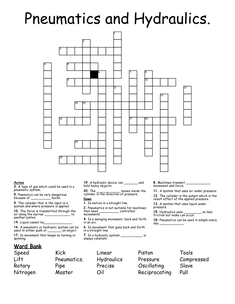 Pneumatics and Hydraulics. Crossword