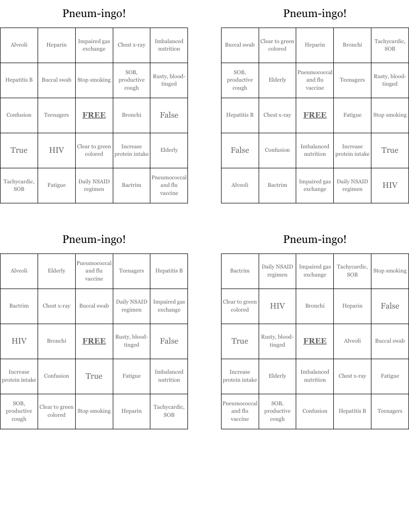 Pneum-ingo! Bingo Cards