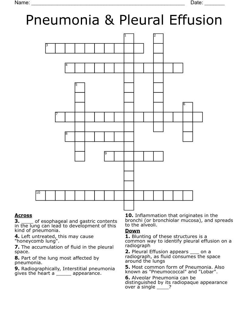 Pneumonia & Pleural Effusion Crossword