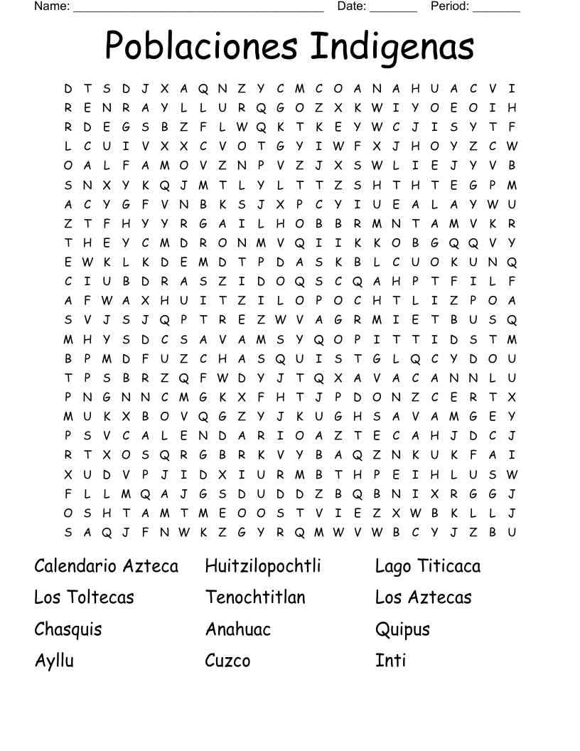 Poblaciones Indigenas Word Search