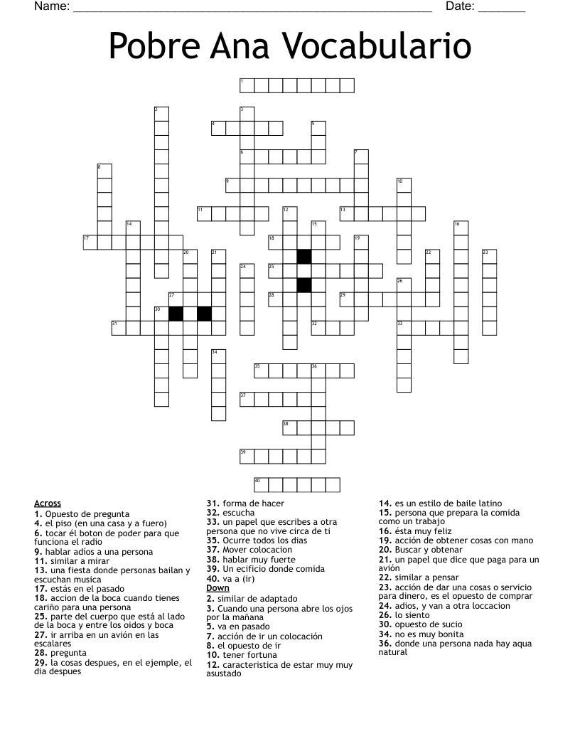 Pobre Ana Vocabulario Crossword