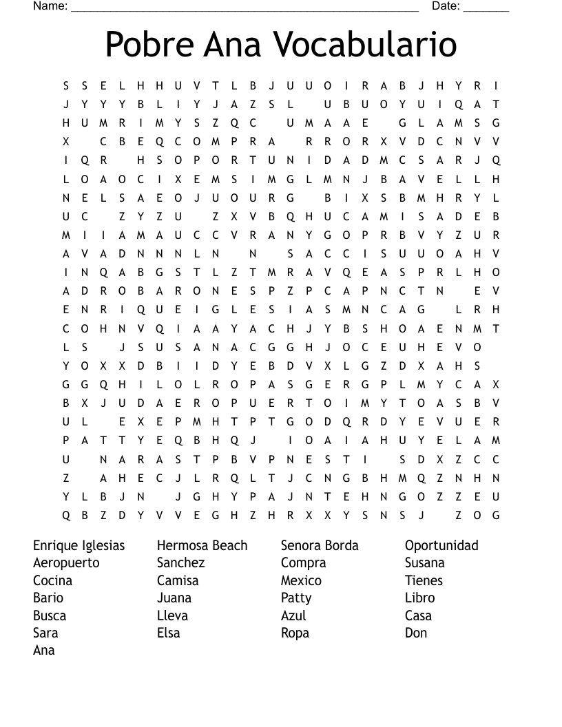Pobre Ana Vocabulario Word Search