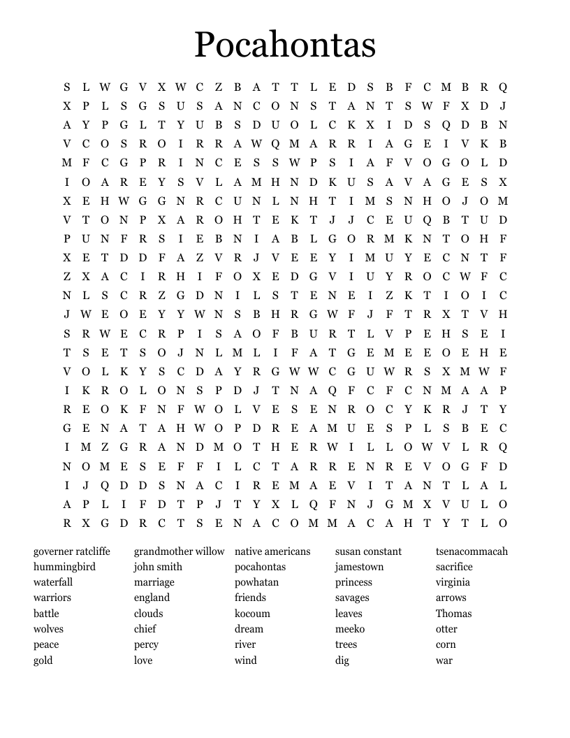 Pocahontas Word Search