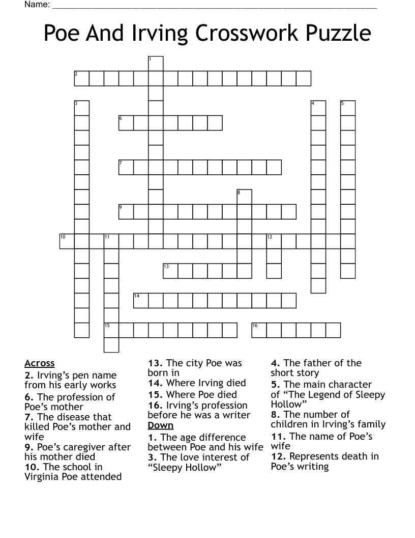 Poe And Irving Crosswork Puzzle Crossword