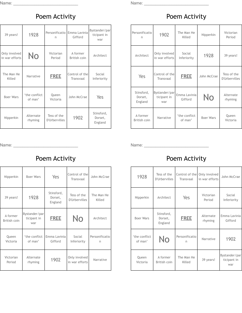Poem Activity Bingo Cards