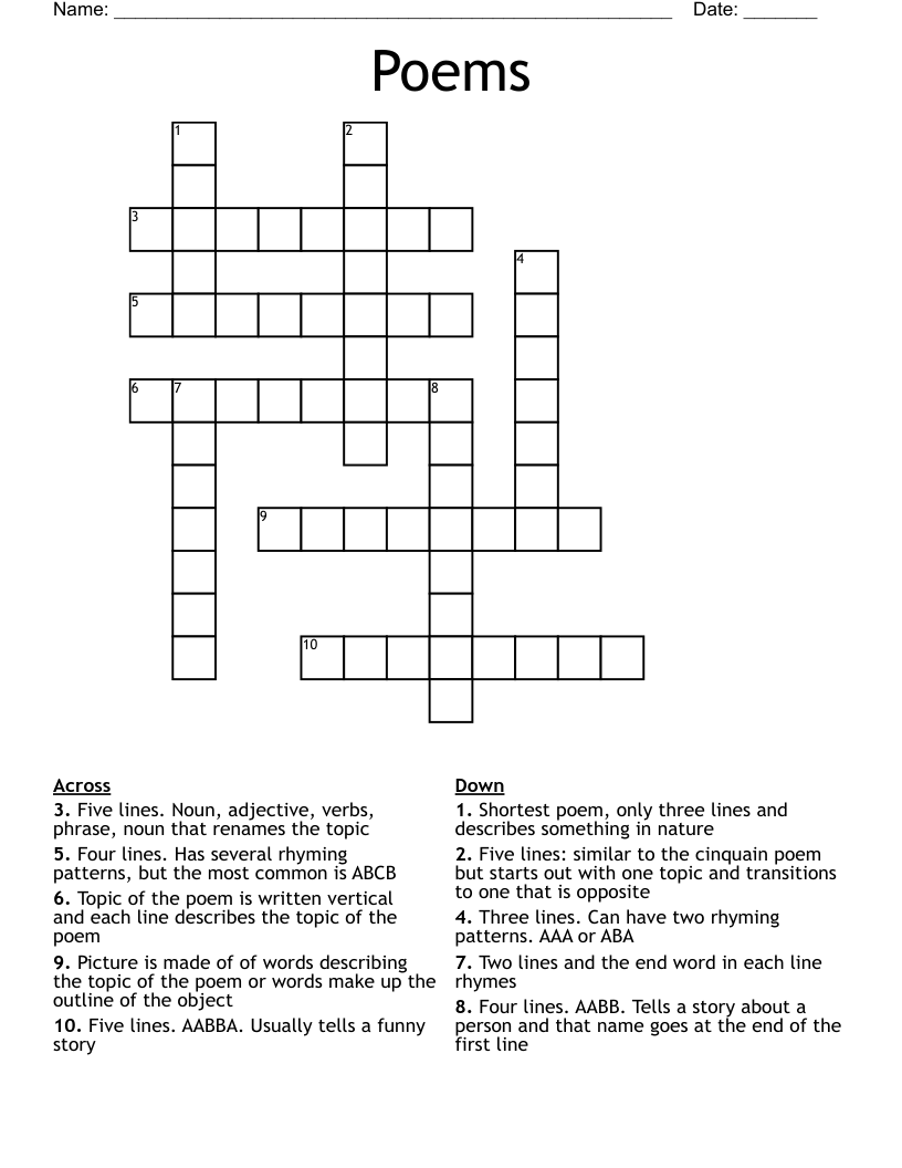Poems Crossword